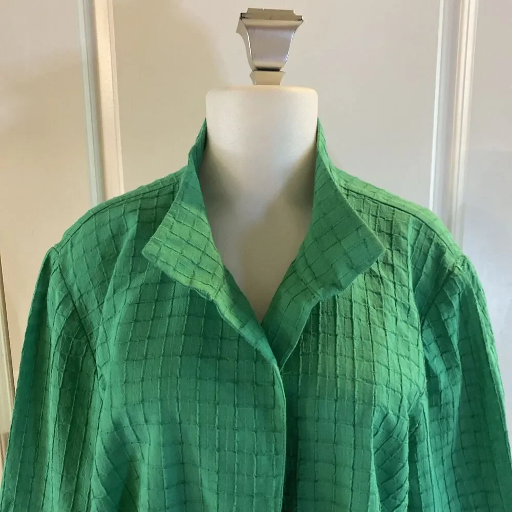 Chicos Kelly Green Cotton Blend Open Front Jacket Size 3 Travelers Collection‎